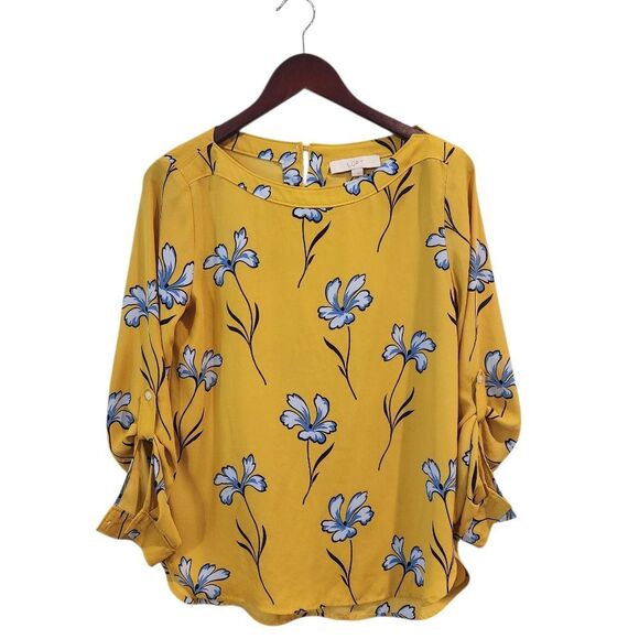 Loft Lilly Roll Tab Floral Blouse Yellow Blue Long Sleeve XS - Picture 2 of 7